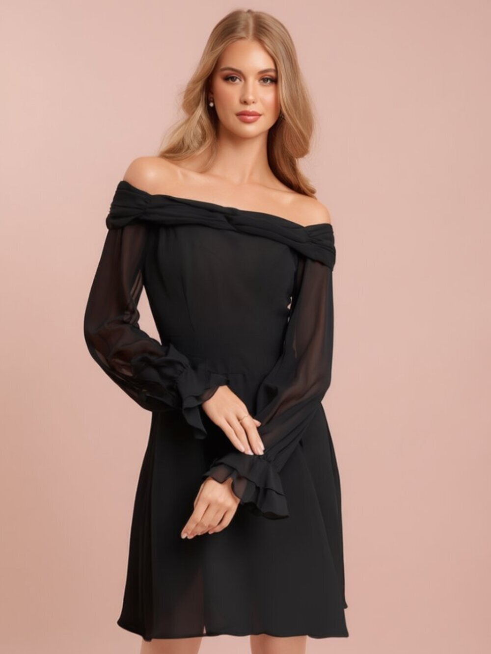 Saks Fifth Avenue AJ Bari Dress Chiffon Size 10 Sheer Ruched Cold Shoulder Black